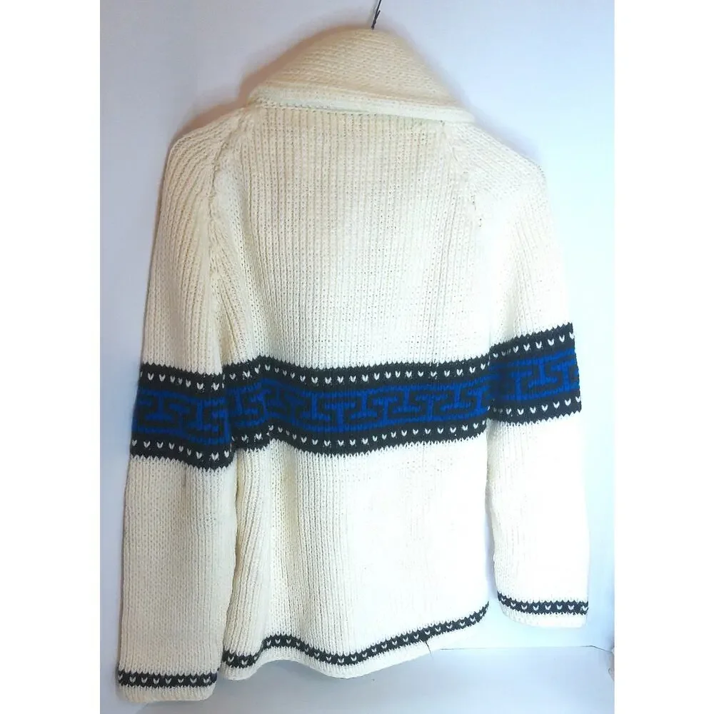 Vintage Heavy Chunky Hand Knit Cardigan Shawl Collar Greek Key Pattern L/XL - Picture 4 of 11